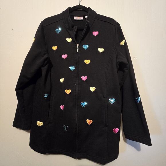 Vtg Quacker Factory Hearts Jacket Womens LG Fleece Embroidered Sequins Colorful - Picture 2 of 11